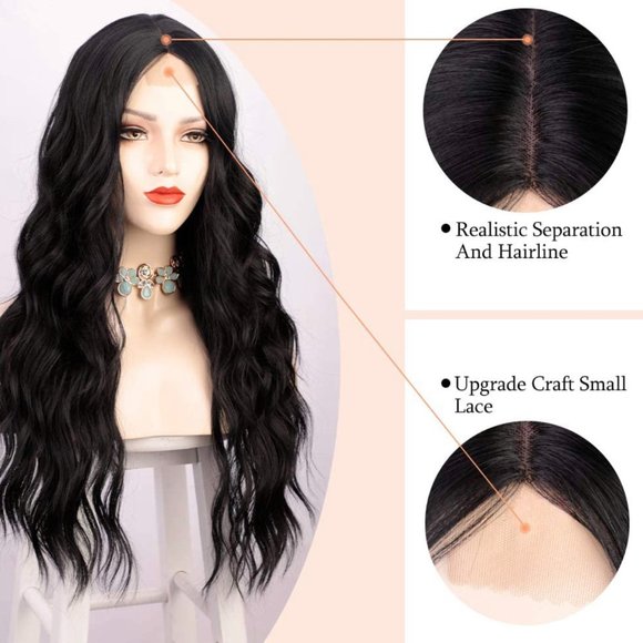 AISI QUEENS Long Black Wavy Wigs for Women Middle Part Curly Black Wig Natural - Picture 3 of 9